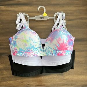 New bundle of 3 YMI tie dye purple and black everyday bras size 36C